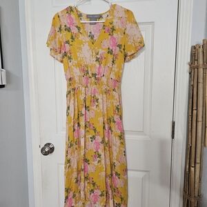 Floral Midi Dress in Yellow and Pink